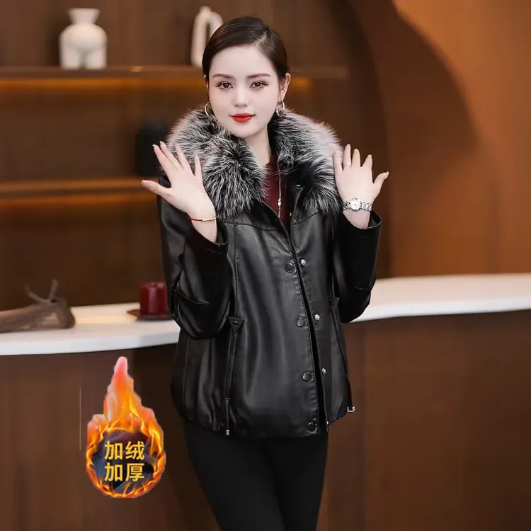 拉夏贝尔加绒加厚皮衣外套女2025冬季新款百搭大毛领PU皮夹克