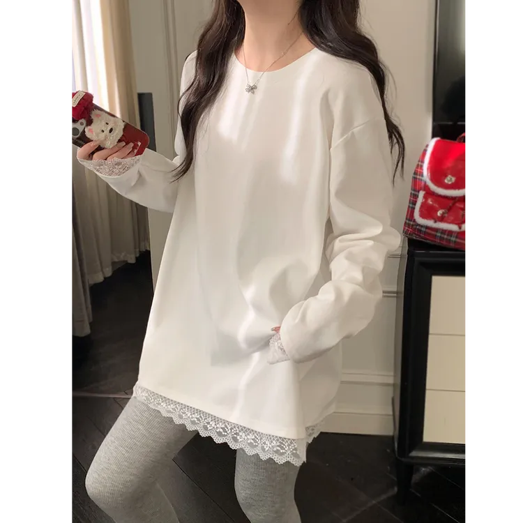 白色蕾丝拼接圆领长袖T恤女春秋冬新款宽松加绒中长款遮屁股上衣