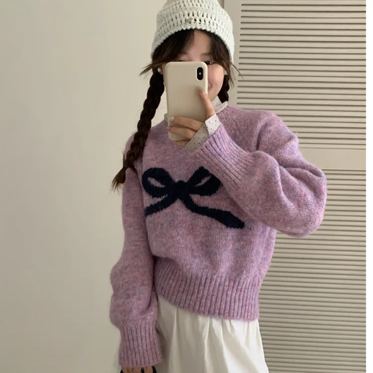 韩系风提花蝴蝶结套头毛衣女秋冬软糯甜美慵懒风羊毛针织衫上衣