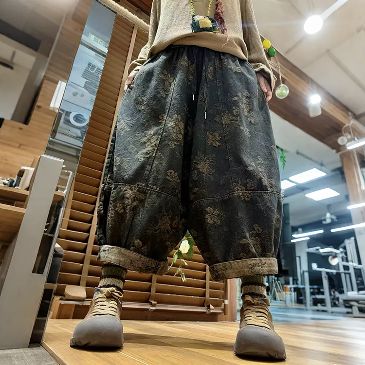 秋季新款时尚复古提花牛仔裤女松紧腰宽松休闲胖ＭＭ大码九分裤潮