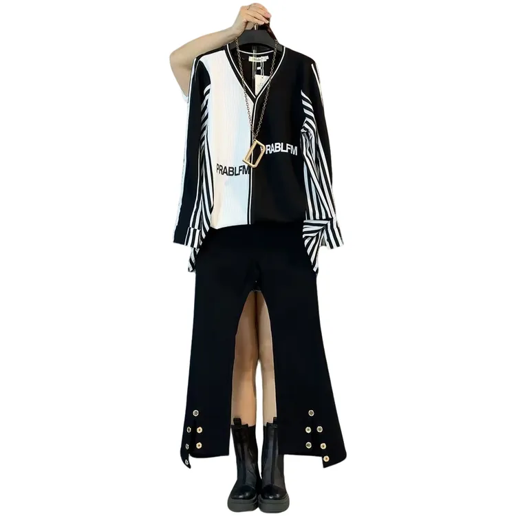 大维罗依CP 秋季新款条纹拼接显瘦开叉扣裤两件套