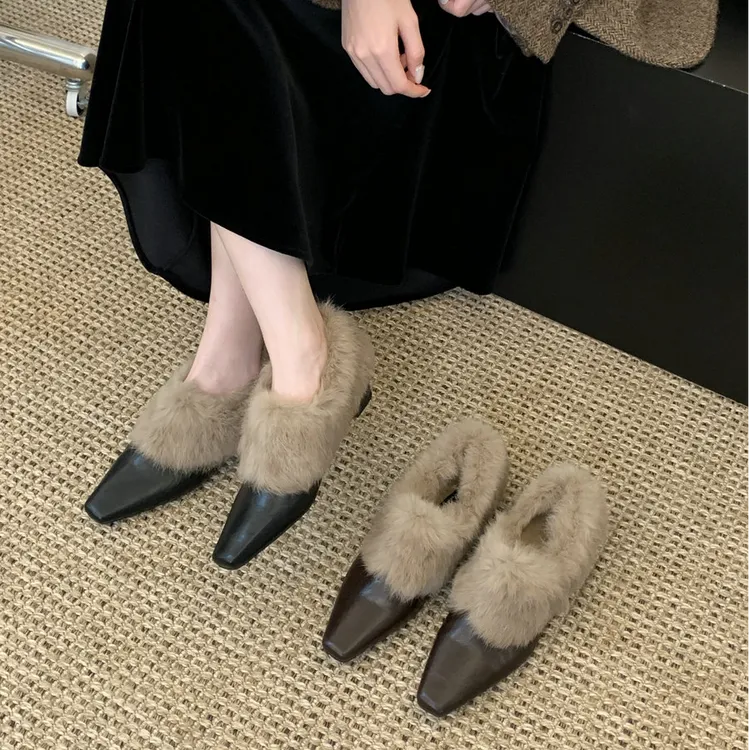 复古方头内增高毛毛鞋秋冬时尚百搭气质显瘦加绒保暖玛丽珍单鞋女