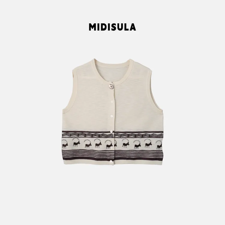 MDSL·做旧图腾印花马甲春夏新款小鹿波嬉无袖马夹上衣#0811