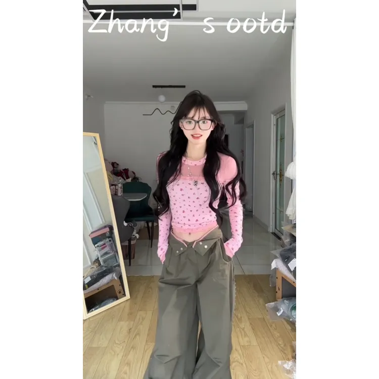 节奏曲甜辣风碎花网纱拼接长袖t恤纯欲甜美修身上衣时尚长裤套装