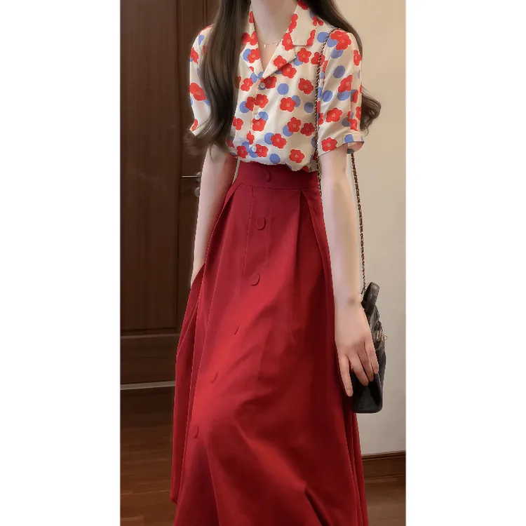 法式气质小香风套装女2025新款波点碎花衬衫女上衣复古红色半身裙