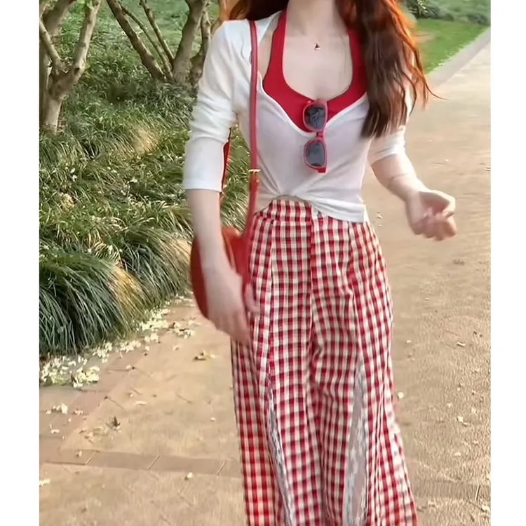 今年流行穿搭2025新款薄款防晒罩衫打底背心蕾丝拼接格子裤三件套