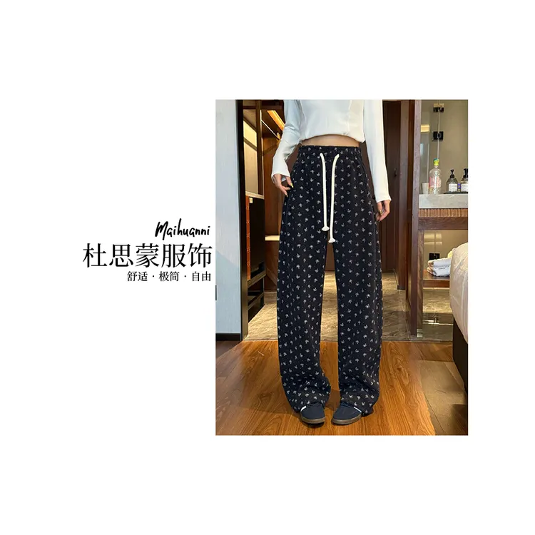（杜思蒙服饰）Y8012-【宝藏裤子】韩系设计感印花小花加绒休闲裤