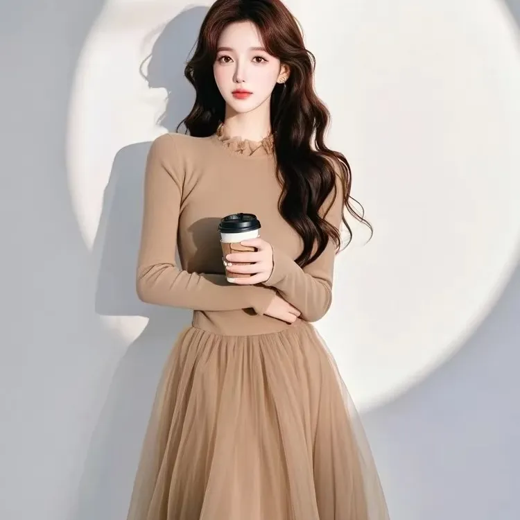 小众设计感洋气百搭收腰长裙2025年春季法式复古网纱拼接连衣裙女