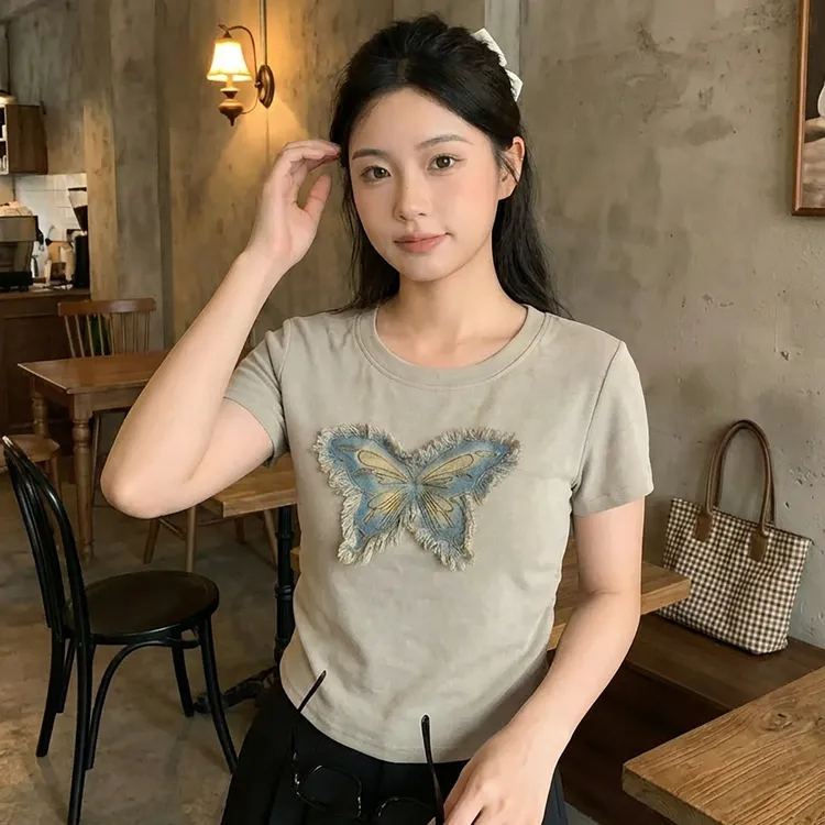 yoewshean/羽媗2025夏季女装显瘦修身上衣短袖t恤爆款蝴蝶设计