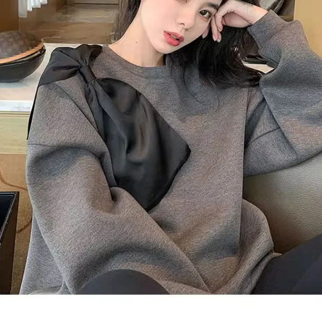 网红时尚炸街新款女灰色慵懒宽松设计蝴蝶结卫衣秋冬新款加绒上衣