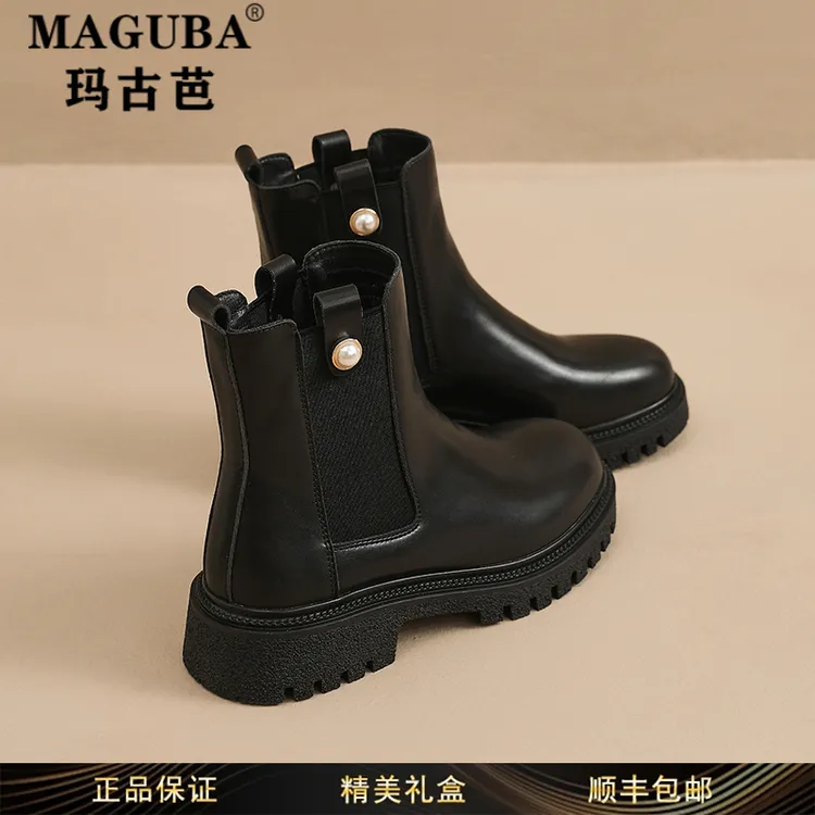 玛古芭女鞋厚底增高加绒保暖马丁靴女新款秋冬季时尚粗跟圆头短靴