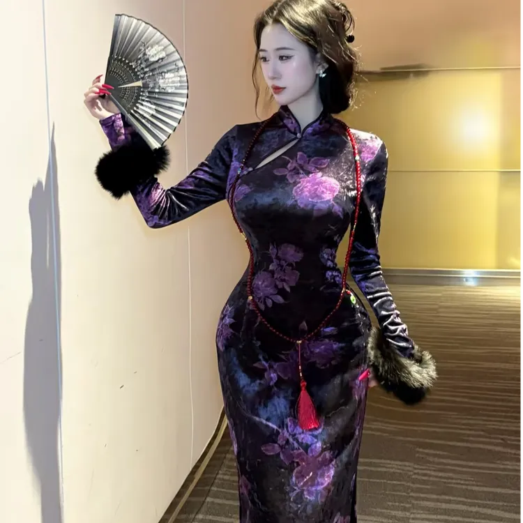 LHMknk1画报夫人原创自制高级丝绒显瘦国风旗袍  御紫花