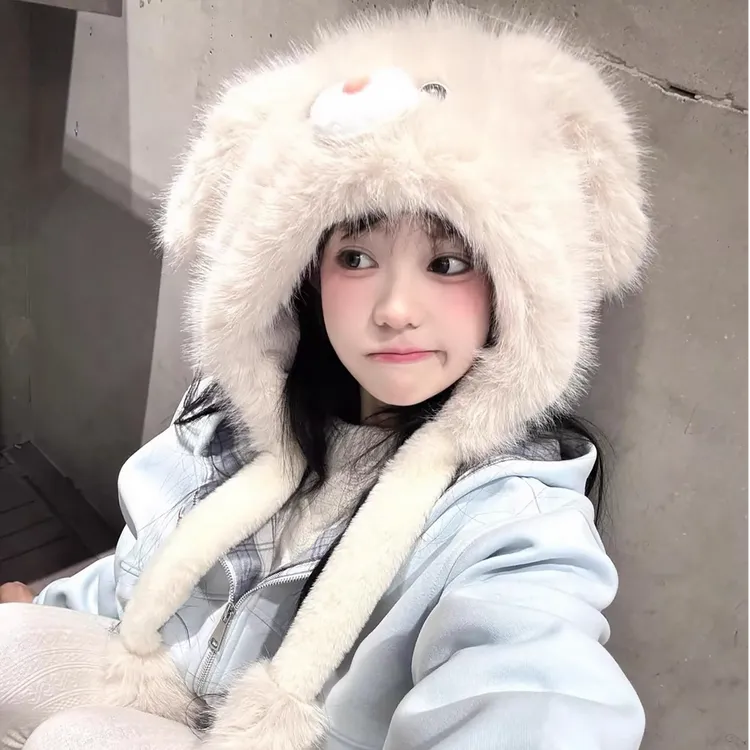 耳朵会动~兔耳朵毛绒帽女冬季可爱加绒加厚保暖时尚雷锋帽子