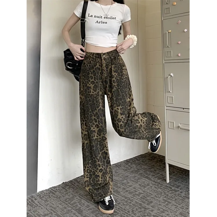 小个子美式高街小众设计感豹纹牛仔裤女新款直筒宽松休闲阔腿裤子