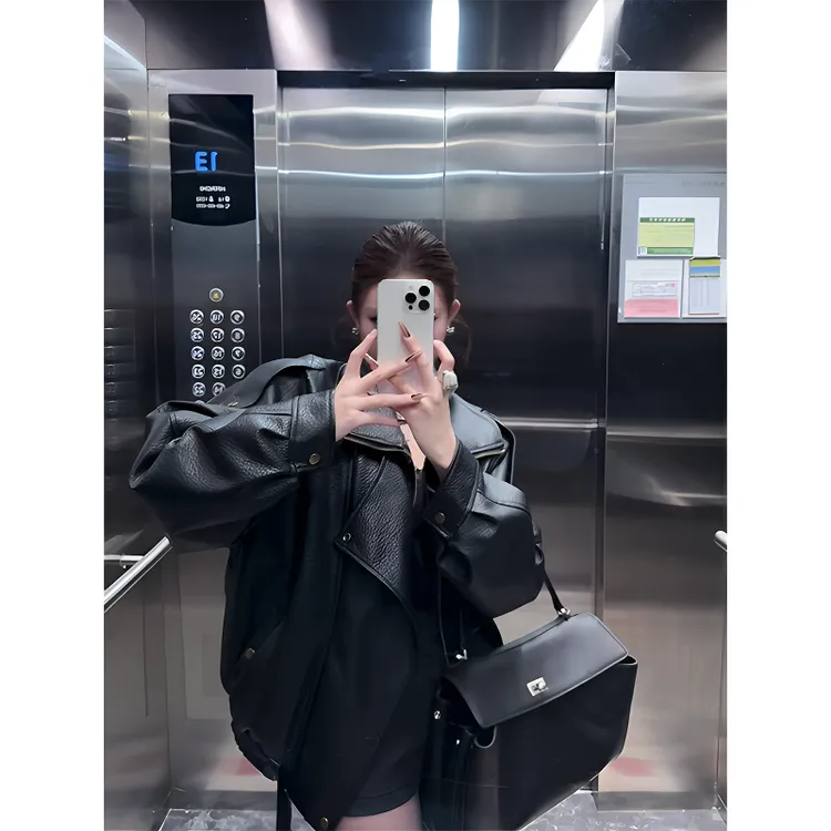 海宁杨树林同款2025春秋新款真皮衣女复古宽松显瘦美式皮夹克外套