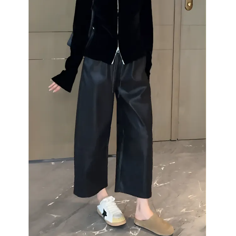 2025秋季新款宽松抽绳阔腿休闲裤梨形身材显瘦高腰时尚九分裤皮裤