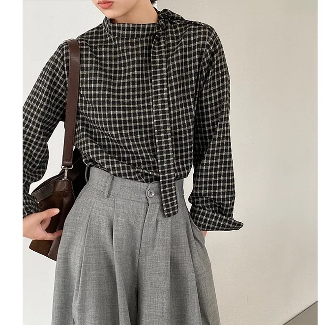 系带设计感温暖磨毛领结格子衬衫女秋冬宽松休闲气质格纹长袖上衣