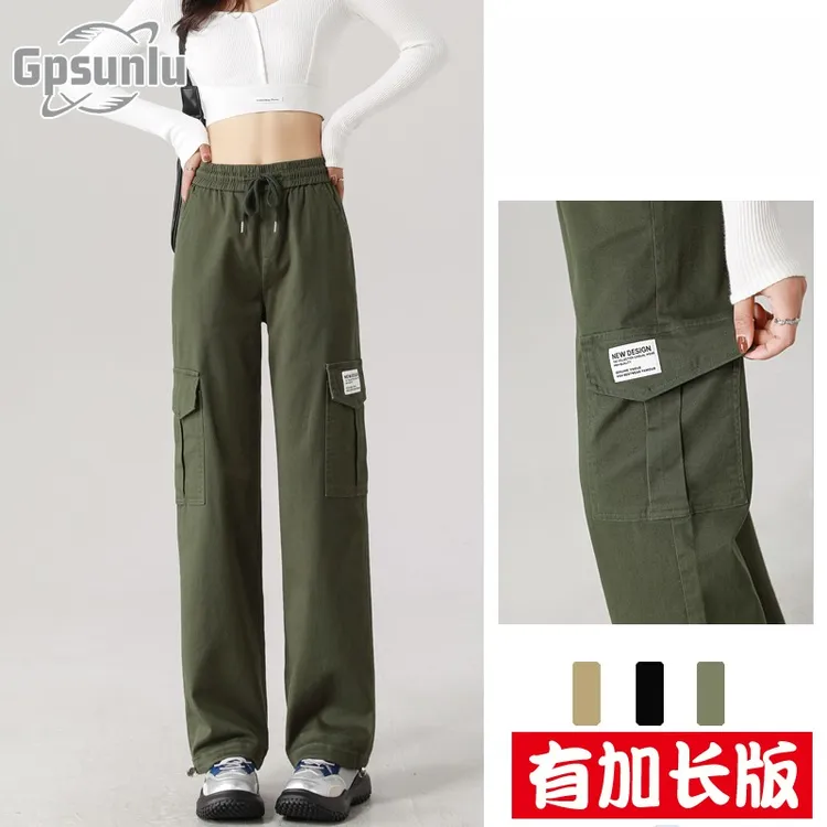 gpsunlu帅气工装裤女秋季哈伦新款弹力高腰加长高个子宽松直筒裤