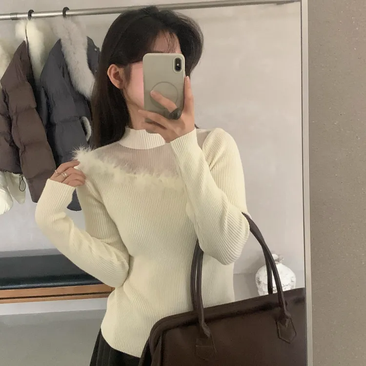 ZB#设计感别致半高领套头针织衫秋冬法式修身显瘦拼接打底衫毛衣