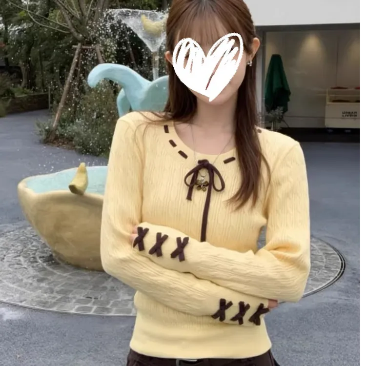 韩系黄色蝴蝶结系带长袖针织衫女秋冬小个子甜美修身显瘦内搭上衣