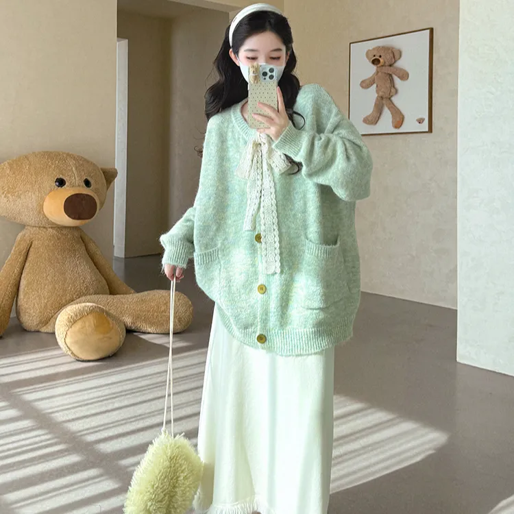 秋冬季2025女装新款韩版时尚宽松系带蝴蝶结毛衣外套半身裙子套装