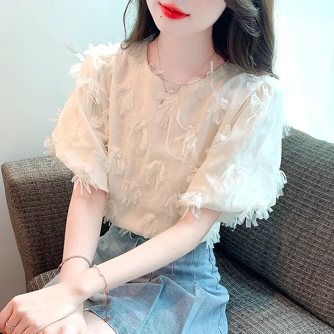 泡泡袖上衣法式小众短袖衬衫女士夏季减龄洋气休闲雪纺衫2025新款