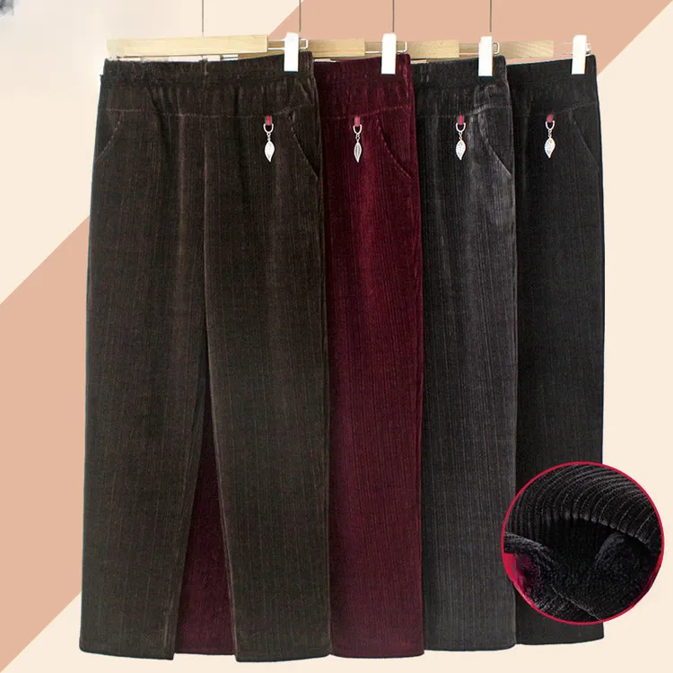雪尼尔妈妈裤加绒中老年女裤春秋条绒高腰大码太太奶奶裤老人长裤