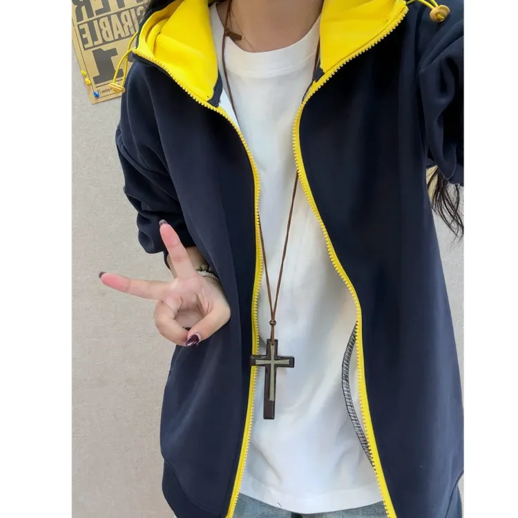 美式cleanfit撞色连帽卫衣男秋季慵懒风休闲开衫潮牌百搭情侣外套