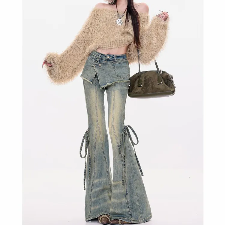 【送屁帘】复古假两件屁帘微喇牛仔裤女2025秋季新款系带辣妹喇叭裤