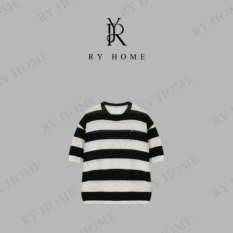 【容雨RYHOME】和纸砂＋欧若风宽松圆领条纹短袖毛衣251M2876