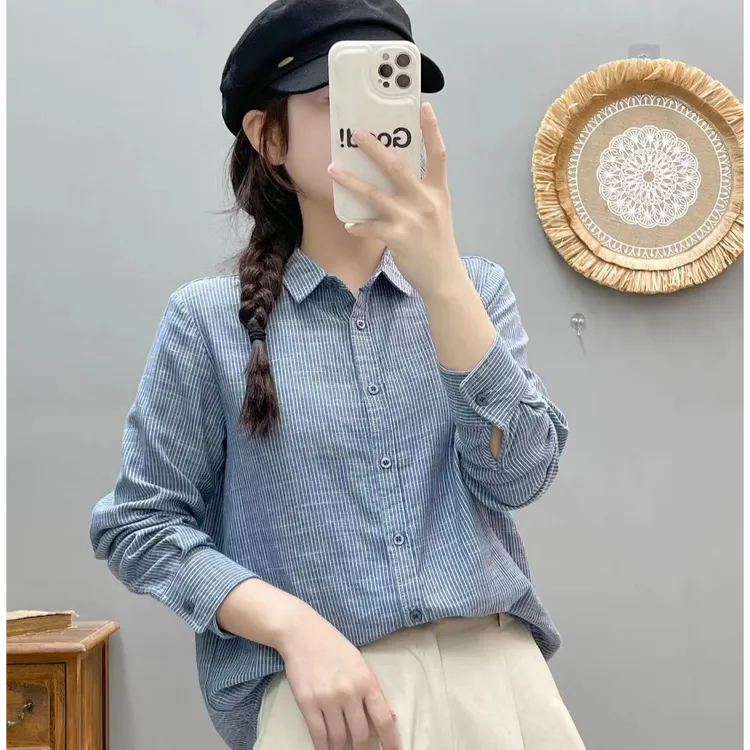 夏季原创色织棉纱空调衫条纹衬衫女显瘦打底衫轻薄透气长袖衬衣女