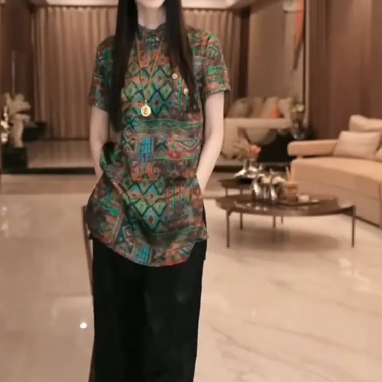 薄款圆领提花短袖常规款上衣小衫民族风国风休闲