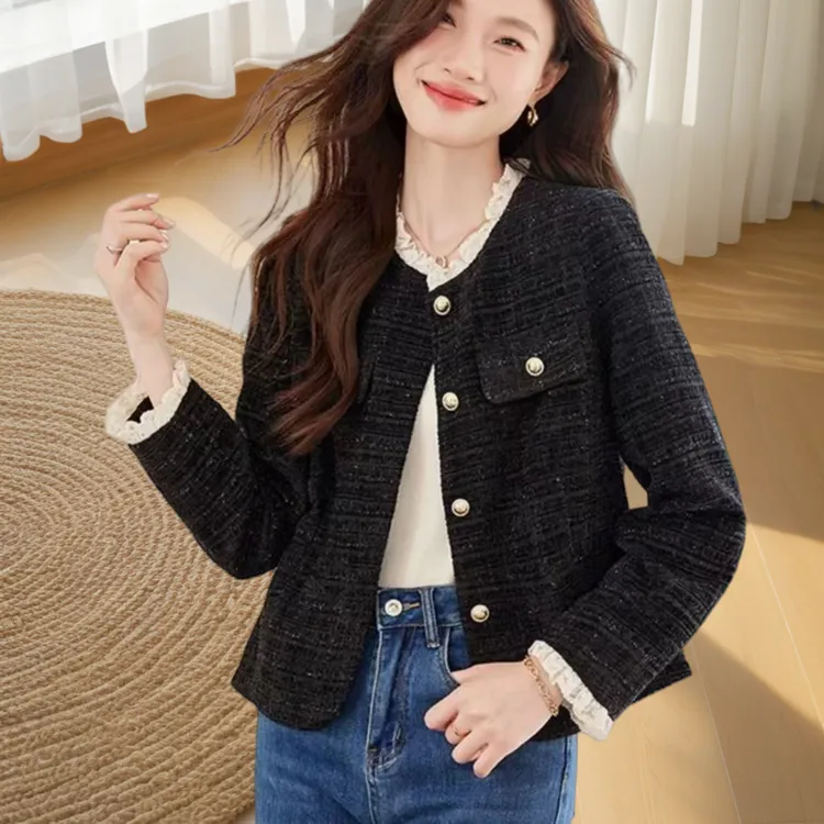 黑色小香风蕾丝花边短外套女2025新款开春洋气名媛高级感气质通勤