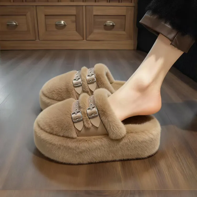 【兔毛绒】厚底毛毛拖鞋女新款秋冬加绒保暖舒适软底外穿孕妇棉拖