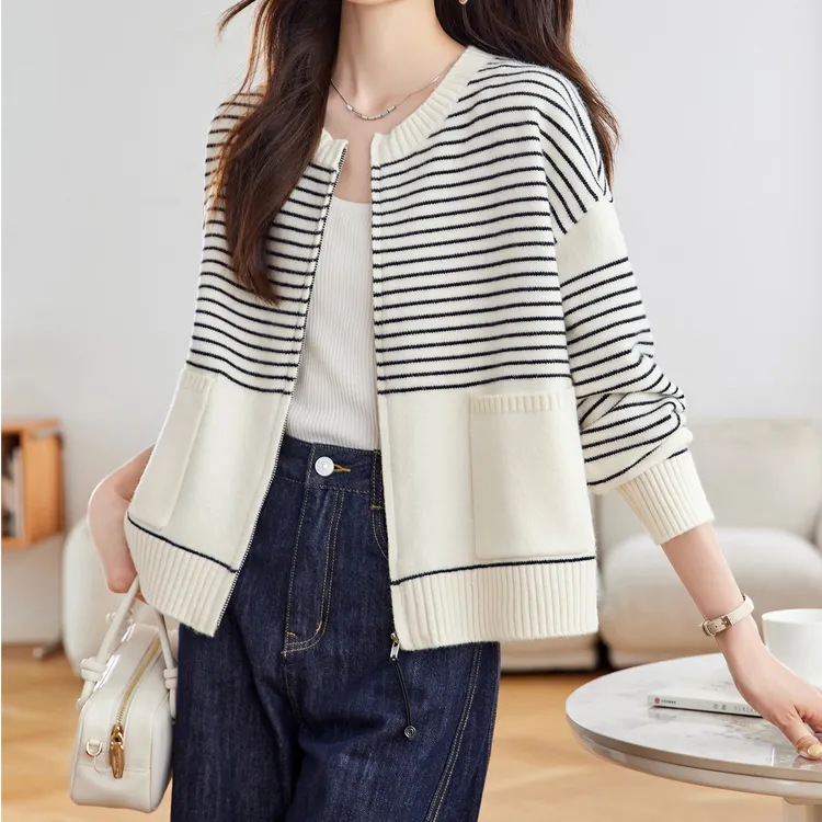 Mandsibil曼德西比利早秋小香风条纹针织开衫女春秋外搭宽松休闲