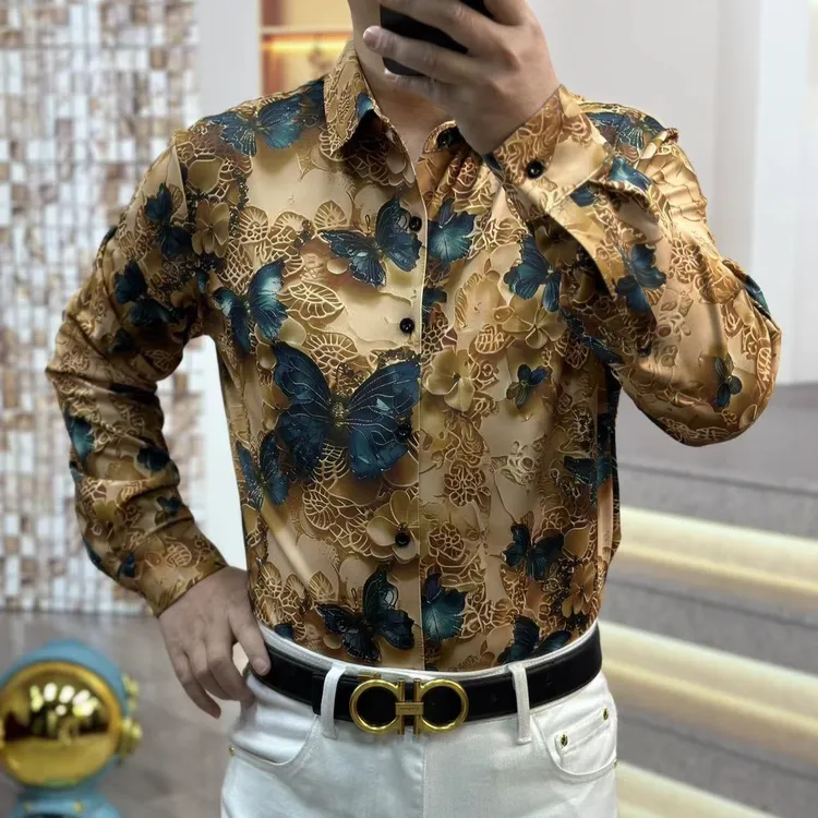 2025轩诚甄选新款免烫高弹力高品质潮流蝴蝶印花春长袖衬衣88029