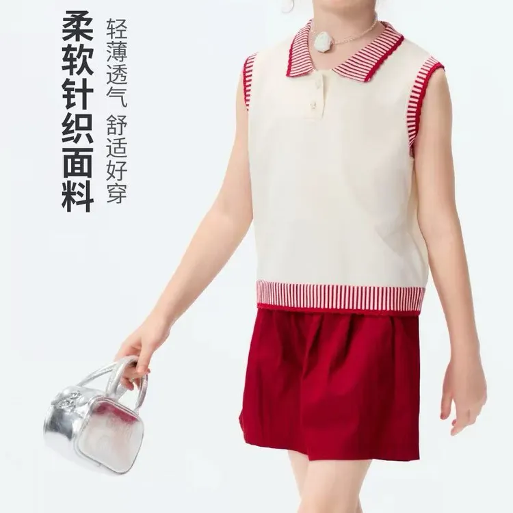 女童马甲夏季2025新款儿童无袖polo领坎肩休闲针织上衣五分裤套装