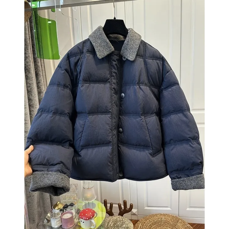 简约通勤风呢料翻领拼接面包服女外套单排扣宽松慵懒2025冬季新款