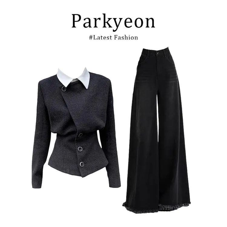 MARIE.COCO秋冬高级感假两件毛呢外套高腰气质牛仔裤显瘦两件套女