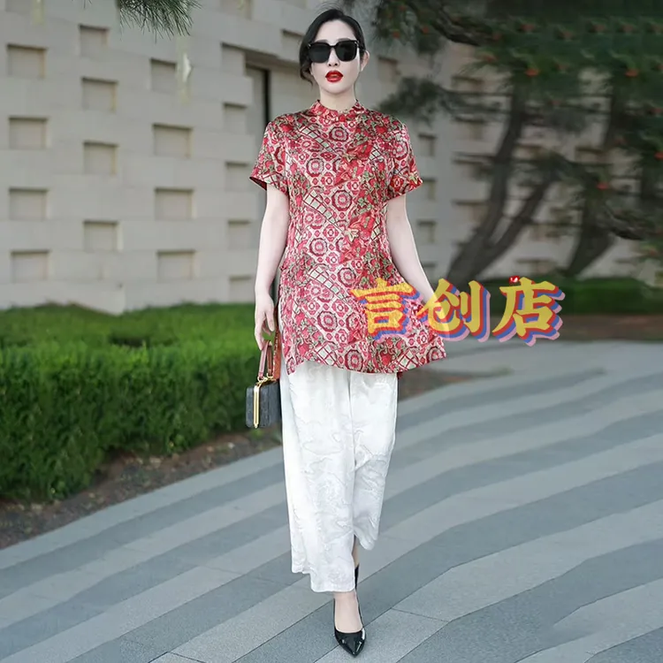 6211新中式中长款上衣2025夏季新款盘扣复古国风旗袍改良印花衬衫