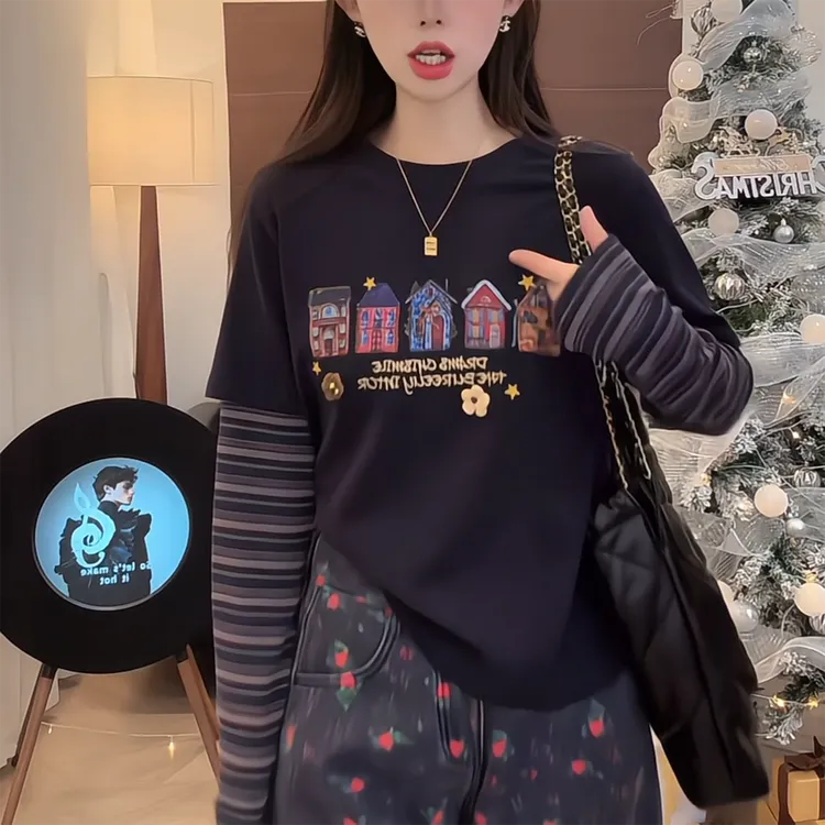 设计感磨毛印花圆领假两件长袖T恤女2025秋冬新款时尚百搭打底衫