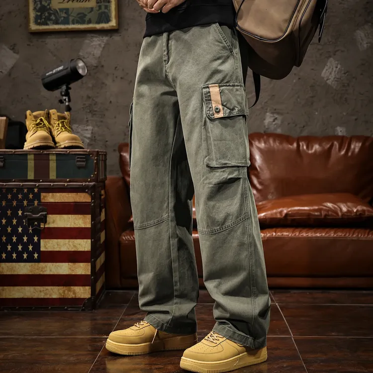 高端复古工装裤男秋冬加绒宽松直筒高街大码休闲裤多口袋阔腿长裤