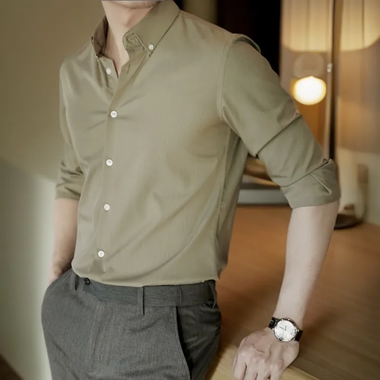 新款商务绅士男装免烫衬衫修身时尚尖领长袖百搭衬衣高级感衬衫男