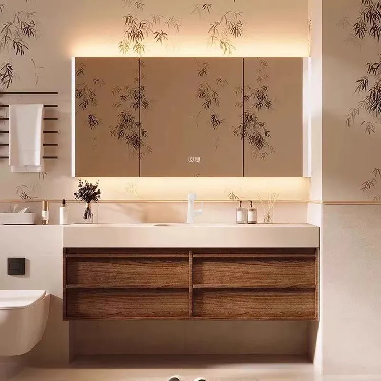 中古风浴室柜组合岩板热弯一体盆洗手池盆柜组合