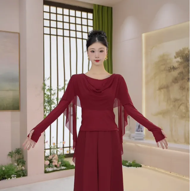 063飘纱荡领拼接长袖秋季修身舞蹈服形体服上衣跳舞服飘逸气质