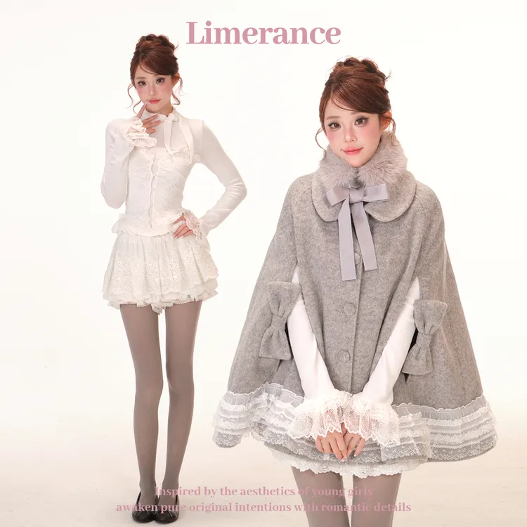 甜梨呆呆麦瑟尔小姐斗篷大衣重工蕾丝花边加绒打底套装毛毛围脖冬