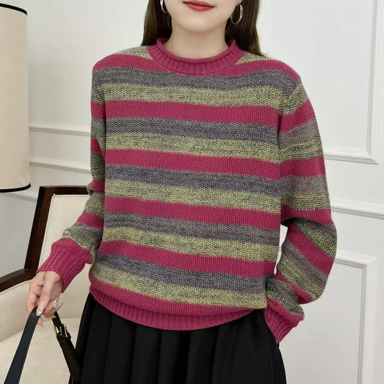 【100%纯棉现货】秋冬半高领条纹棉线针织衫女士宽松百搭套头上衣