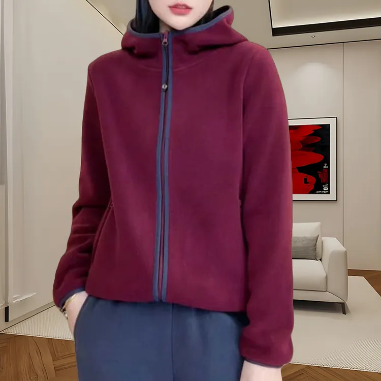 秋冬新款洋气撞色边设计感连帽卫衣女双面绒保暖短外套妈妈装上衣