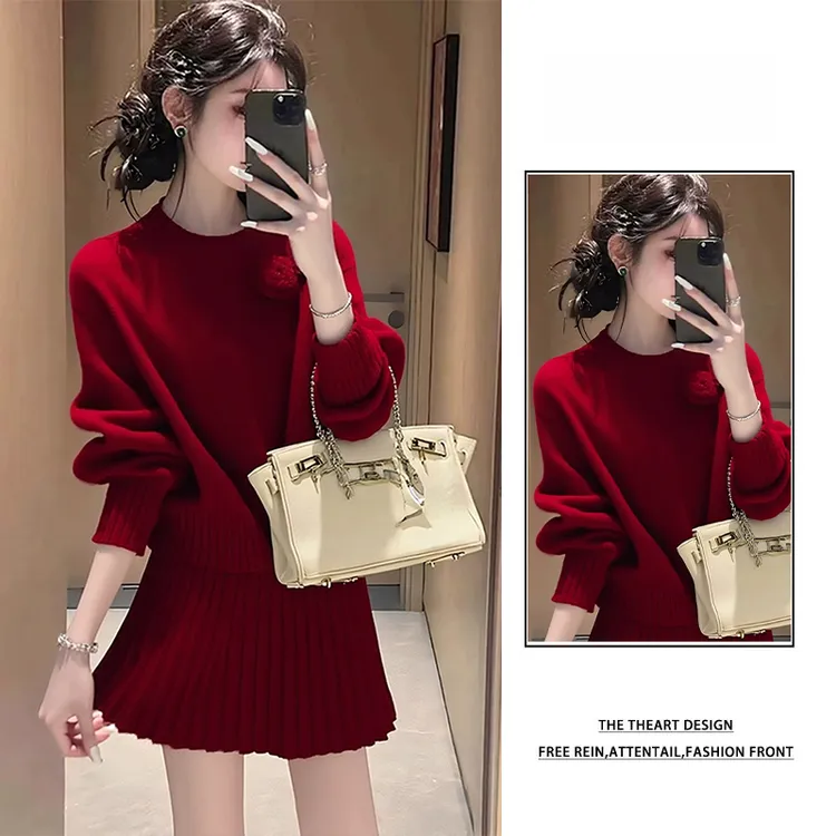 小香风红色套装女2025新款秋冬新款穿搭一整套针织毛衣短裙两件套