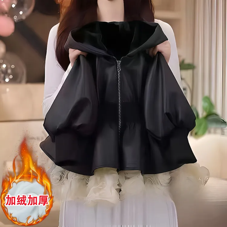 女童加绒蕾丝花边软皮外套2025新款甜美中长款收腰派克服拜年服冬